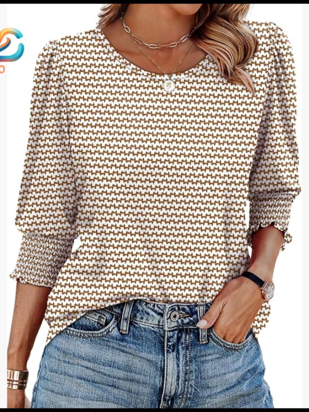 3/4 Sleeve Blouse with Smocked Cuffs, Relaxed Fit, Polyester Blend